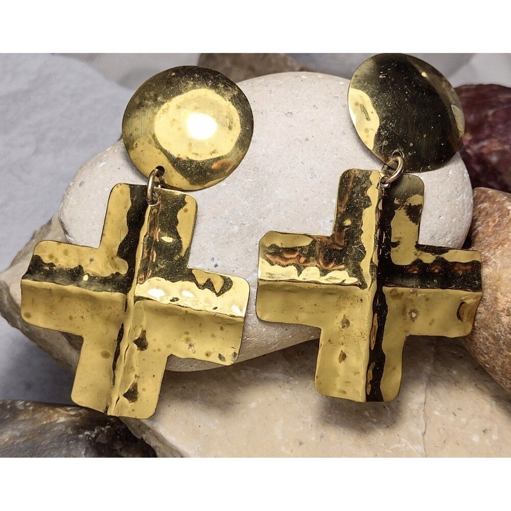 Vintage 90s Artisan Signed Statement Hammered Brass Earrings